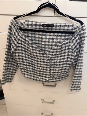 Zara Navy & White Tweed Button-Front Crop Top